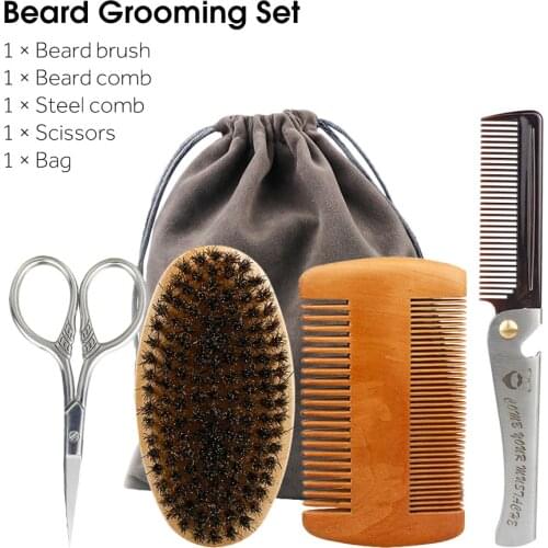 Natural Boar Bristle Wood Beard Brush Hairdresser Shaving Brush Men Mustache Comb With Gift Bag Beard Cleaning Hair Comb Set