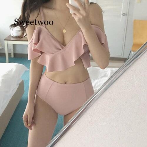 New white split ruffled V-neck high waist triangle swimsuit