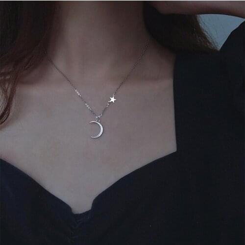 OBEAR Silver Plated Shiny Zircon Moon Star Necklace For Women Bride Jewelry Clavicle Chain Birthday Gift