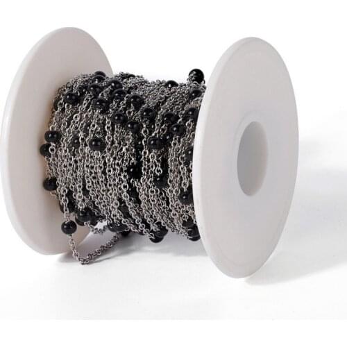 About 10m/roll 304 Stainless Steel Handmade Beaded Chains with Glass and Spool 7~7.5x4~5mm Stainless Steel Color