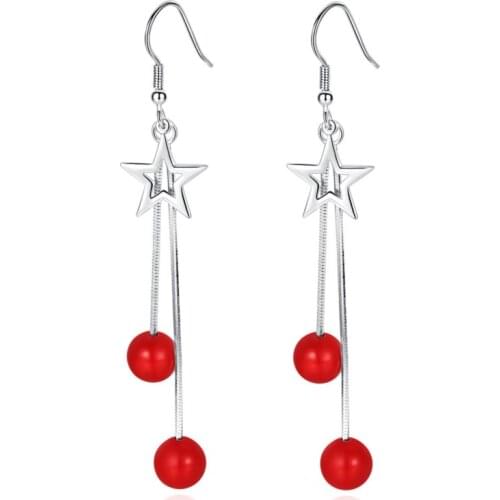 Five-pointedtar ear hook temperament tassel exaggerated long red pearl earringlovergiftjewelry top quality