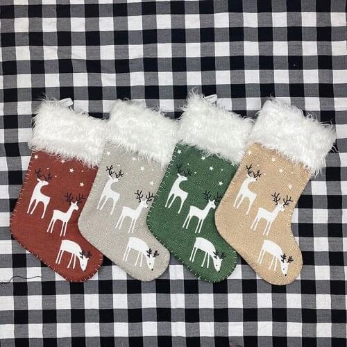 Christmas Stockings Cute Reindeer Print Large Hanging Stockings with Faux Fur Cuff for Home