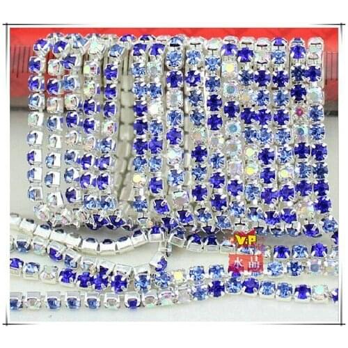 Sapphire mixed colour Sliver Base 10meters/lot 2mm 3mm Rhinestone Cup Chain Mc Chaton For Weddign Dress Shoes Decoration