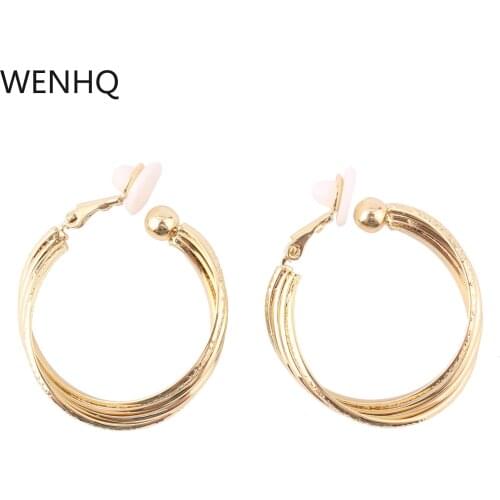 WENHQ European and American Style Big Hoop Clip on Earrings No Pierced Geometric Metal Gold Color Cuff Earrings Charm Ear Clip