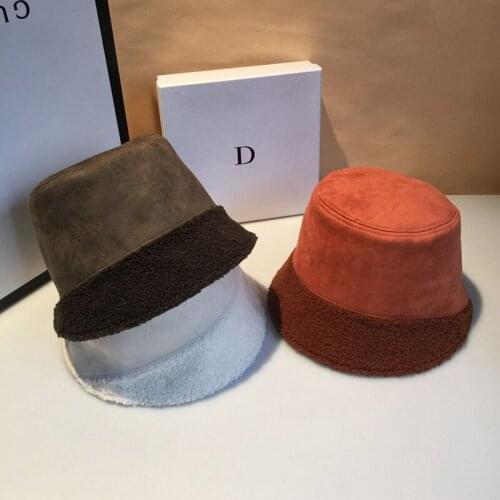 Hats For Women Autumn Winter Cashmere Splice Bucket Hat Cotton Ear Warmer Flat Top Cap Female Windproof Fisherman Cap New 2021