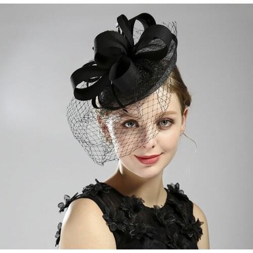 European American Elegant Women Fedoras Hat Feathers Veil Fedora Cap Head Accessories Female Brides Sinamay Fascinator H6887