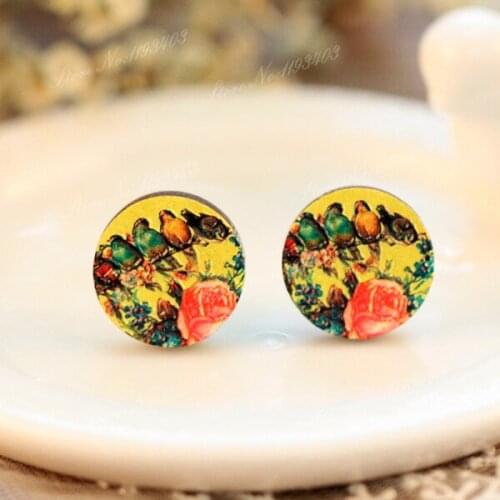 Unique 3D Birds Embossed 16mm Round Coloured Drawing pattern Laser Cut wood Cabochon DIY for Rings, Earring,Brooch,Necklace