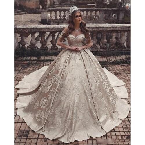 Vintage Champagne 3D Flowers Ball Fown Wedding Dress Luxury Off Shoulder Satin