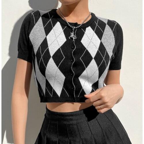 Knitted Cardigans Women Sweater Casual Argyle Short Sleeve Sweaters Cardigan Ladies Preppy Style O-Neck Knitwere Plaid Crop Tops