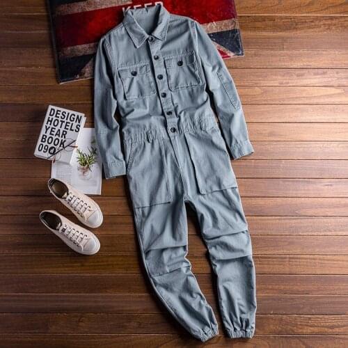 XS-5XL New autumn casual jumpsuit mens simple Slim large pocket tooling jumpsuit solid color fashion male jumpsuits