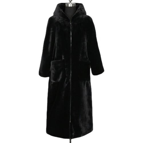 Faux rabbit fur fashion coat women long hooded long sleeve zipper temperament faux fur eco-friendly fur pocket commuter jacket