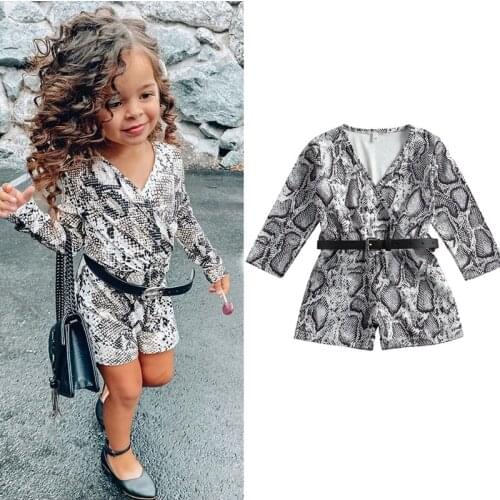 2020-12-17 Lioraitiin Rompers 1-6Y Fashion Infant Kids Girls Trousers Snakeskin Print Long Sleeve V-Neck Belt Playsuits Leotard