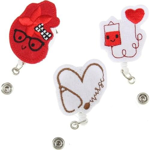 3 styles Felt nurse badge reel heart shape medical retractable ID badge holder with clips