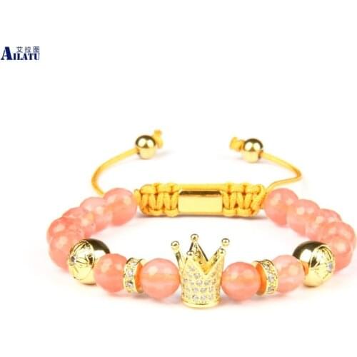 8mm Watermelon Crystal Stone Clear Cz Crown Braided Bracelet Top Quality Stainless Steel Square Beads Engrave Logo Drop Ship