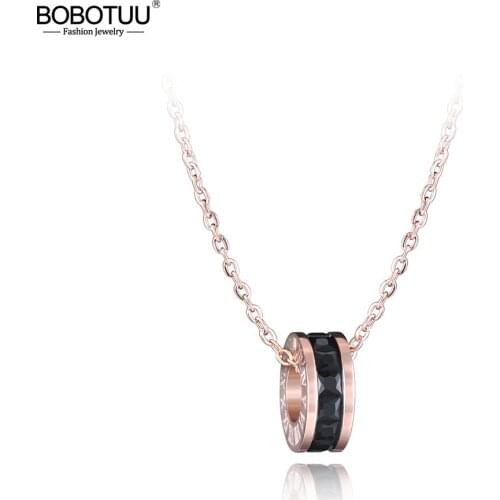 BOBOTUU Black Cubic Zirconia Pendant Roman Letter Necklace For Women Stainless Steel Wedding Female Necklace Jewelry BN17023