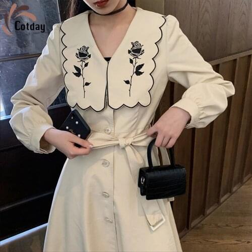 Cotday V-neck Office Lady Style Korean One-Piece French Rose New 2021 Fashion Embroidery Blazer Women Slim Elegant Dress