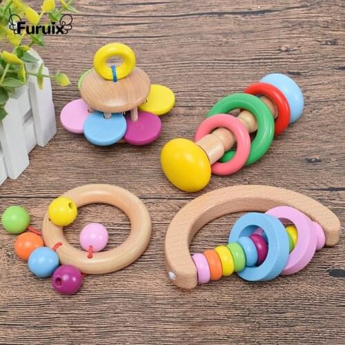 4Pc/Set Wooden Montessori Toys Baby Rattle Crib Toys Ids Educational Crib Mobile Baby Toy Baby Handbell Early Education Toys