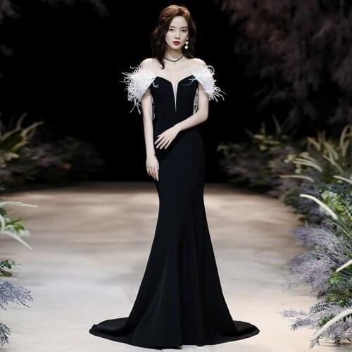 Black Off the Shouler with Feathers Elegant Atmosphere Long Mermaid Evening Dress Annual Party Prom Dress Banquet Dress A058