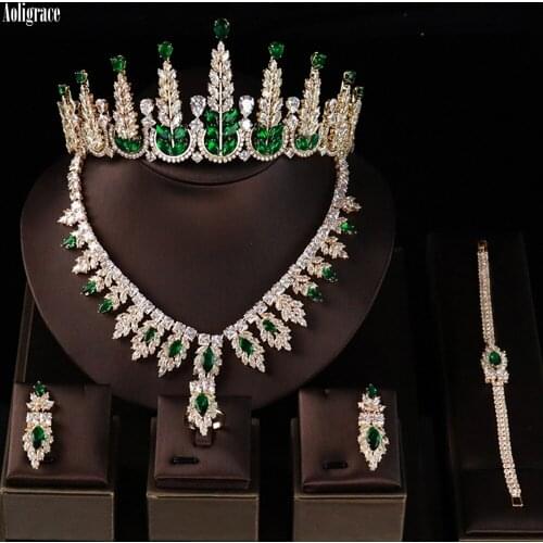 Dubai Luxury 5A Full Cubic Zirconia Tiaras and Crowns 5pcs Jewelry Set Birthday/Anniversary Gift for Mom/Wife/Sister/Best Friend