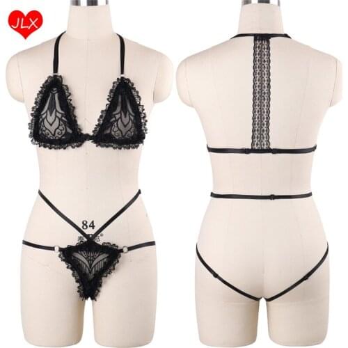 Fetish Black Lace Top Cage Bra Fetish Bustier Women Lace Panties Suit Erotic Body Harness Punk Pole Dance Cosplay Bondage