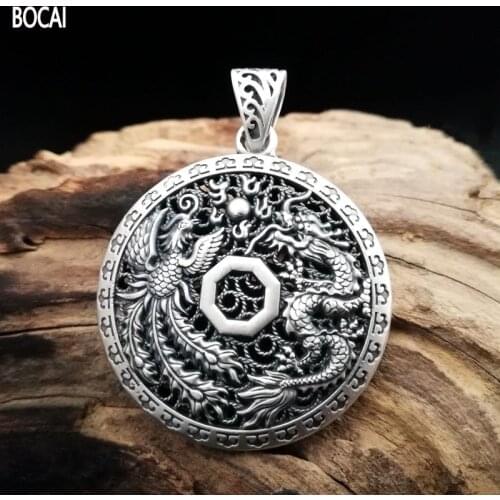 BOCAI 2021 Fashion New Solid s999 Silver Dragon and Phoenix Pendant Filigree Safe Buckle Man and Woman Lucky Charm Pendant
