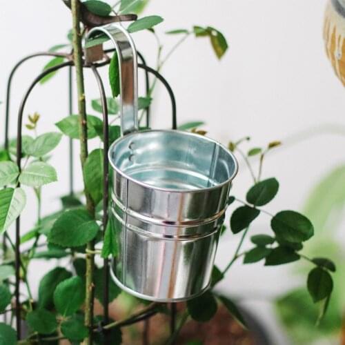 Plant Pot Vintage Hook Design Metal All-purpose White Handmade Tin Bucket for Home