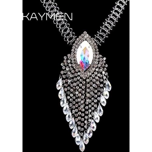 Kaymen Handmade Long Chain Pendant Necklace for Girls, Full Rhinestones Black Gun Plated Statement Necklace 7 Colors Pendant