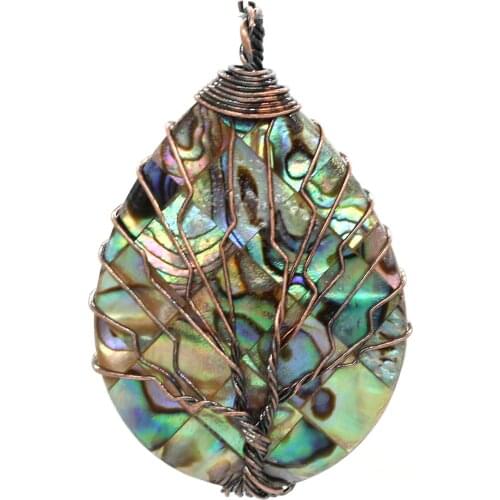100-Unique 1 Pcs Copper Wire Wrap Tree of Life Water Drop Abalone Shell Ethnic Style Pendant