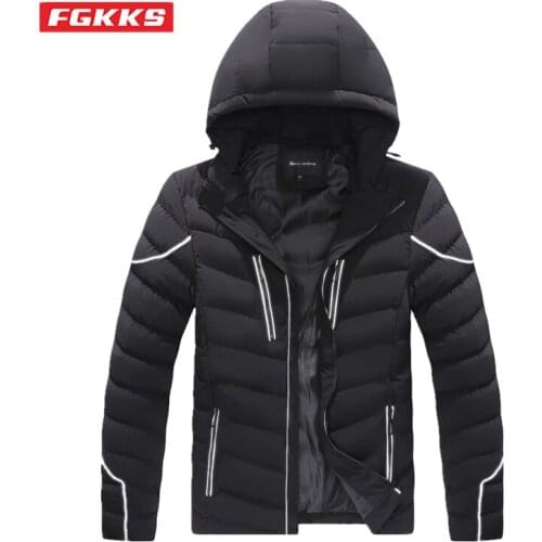FGKKS Men Autumn Winter Parka Coat Middle-aged Elderly Warm Detachable Hooded Reflective Striped Cotton Coat Fashion Jacket Men