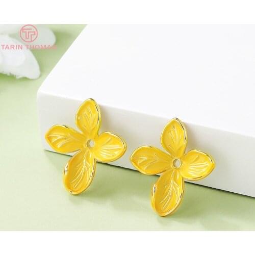 4PCS 20x21MM Hole 1MM 24K Gold Color Plated Brass Dripping Oil Flower Bead Caps High Quality Diy Jewelry Accessories