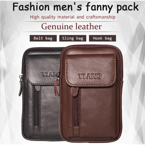 Real leather small bag mens leisure small waist bag wearing belt vertical Leather Bag Mini Single Shoulder Messenger Bag