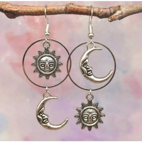 Fashion Sun and Moon Earrings, Witch Asymmetrical Earrings, Gothic Hoop Earrings, Celestial Jewelry Punk Hoop Jewelry