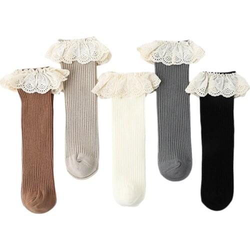 Girls Solid Color Knitted Socks with Ruffled Lace Decoraction Lovely Middle Tube Scokings For Spring Autumn and Winter