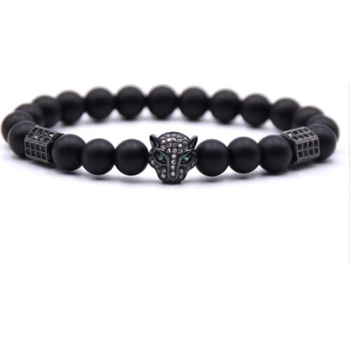 KANGKANG 2019 popular 8mm Matte Black Stone Bead bracelet Pave CZ Leopard head Jewelry for Men&Women Creative personality Bijoux
