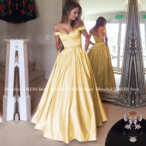 Chic Yellow Prom Dress With Pockets V-neck 2019 A-line Satin Vestidos de fiesta de noche Off Shoulder Women Formal Party Dress