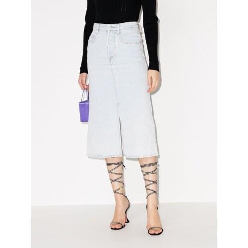 Light Blue Women High Waist Denim Midi Skirt Spring Summer Ladies Split Package Hip Long Skirts With Pockets 2021 New Summer