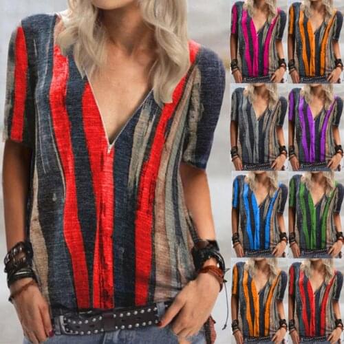 Summer T Shirt Women 2021 ladies tie-dye stripes printing short sleeve T-shirt v-neck zipper female Female Tee Tshirts CHD8650