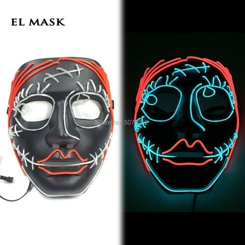 Female Halloween Scary EL Wire Mask Devil Terror Light Up LED Mask Horrible Clown Glowing Mask For Parties Dark Hallway Decor