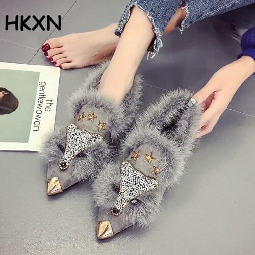 New Fox Furry Boots womens Rhinestone Fur Shoes Womens Ankle Boots Pointed Flat Shoes Autumn Winter Black boots Shoes Women
