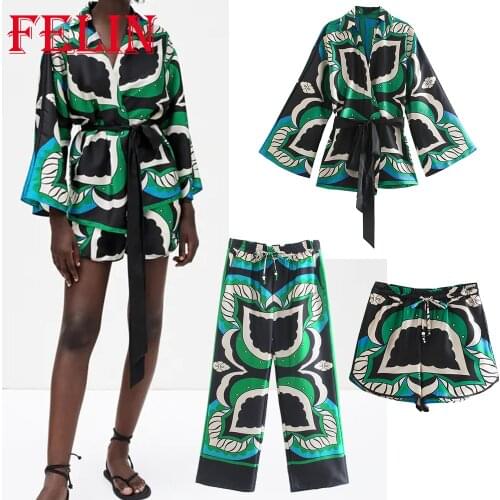 Za 2021 Women Chic Green Floral Sets Oversized V Neck Sashes Long Sleeve Kimono Shirts and High Waist Wide Leg Pants Lady Suit