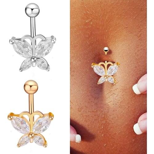 Sexy Dangling Butterfly Navel Belly Button Ring Oreja 14G Double Round Cubic Zirconia 316L Surgical Steel Belly Piercing Jewelry