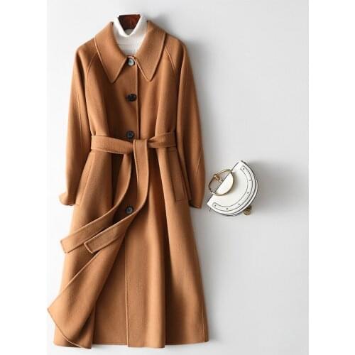 Wool Overcoat Womens 2021 New Small Fragrance Waist Lace Up Wool Overcoat Fashion Long Double-sided