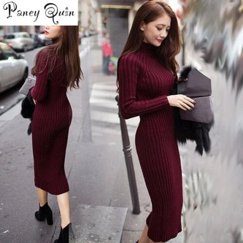 Women Winter Sweater Knitted long red Dresses Slim Elastic Turtleneck Long Sleeve Sexy Lady Bodycon Robe Dresses free shipping