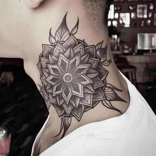 1PC Black Flower Neck Fake Tattoo Sticker For Men Waterproof Flash Temporary Tatto Body Arm Art Tatoos