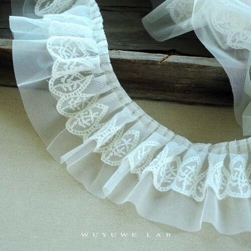 2M Ivory Floral Pleated Flower Embroidered Lace Trim Fabric for Wedding Dress Trouser Leg Wrist Sewing Clothing Accessories 9cm