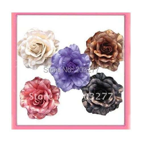 24pcs/lot 5 colors for your choose 4'' rose glitter fabric flower ponytail and brooch pin