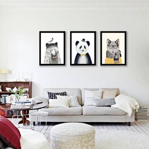 Watercolor illustration Canvas Art Print Painting Poster of Animal Lion Bear Panda , Cartoon Canvas Painting For Kids Room