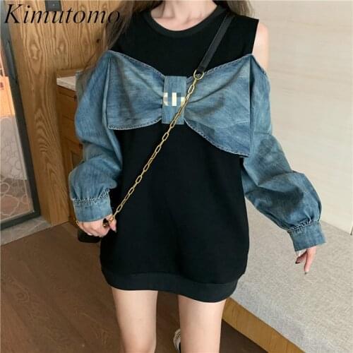 Kimutomo Bow Jeans Patchwork Sweatshirt Women Fake Two Piece Off Shoulder Hong Kong Style Long Sleeve Pullovers Chic Fashion