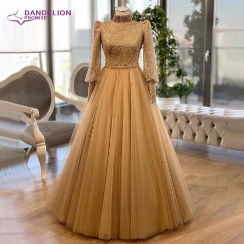 Elegant High Neck Gold Muslim Evening Dresses For Women 2021 A-Line Puff Sleeves Arabic Kaftan Dubai Prom Formal Gowns