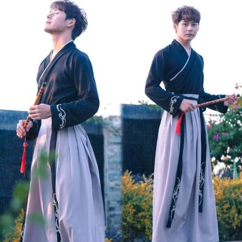 Hanfu Men Embroidered Chinese Traditional Swordsman Outfit Male Ancient Han Dynasty Robe Folk Stage Clothing Kimono Cardigan